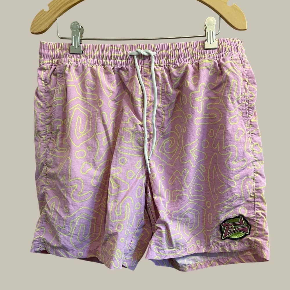 Empyre Swim Trunks Mens Medium Pink Yellow Abstract Swirl Mesh Lined Shorts
